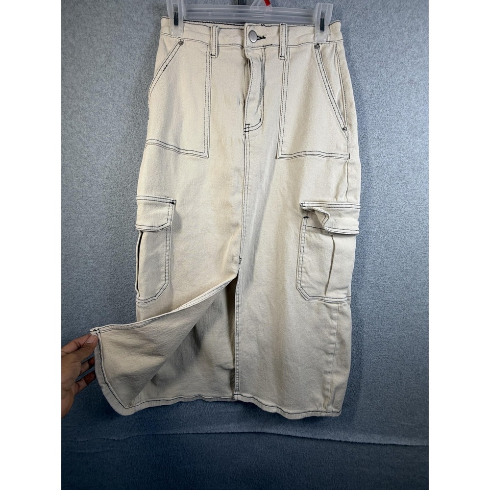 Miou Muse Skirt Womens Medium Beige Cargo Denim Midi Pockets Front Slit